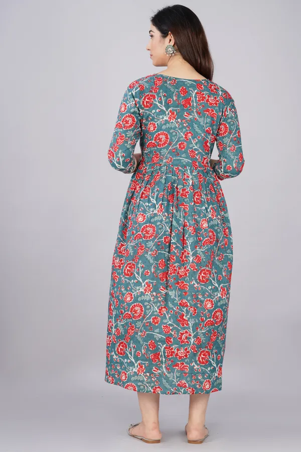 Multicolor_Maternity_and_Feeding_Gown_for_women_|_Pure_Cotton_Sanganeri_Print_Gown