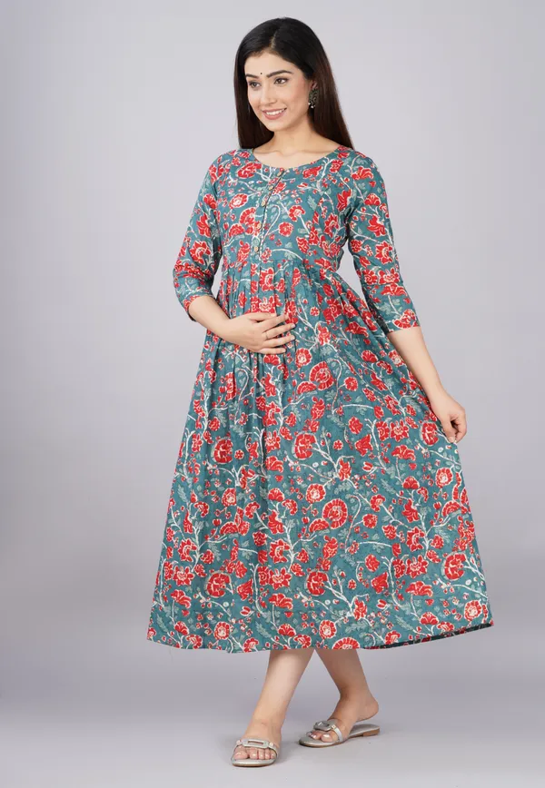 Multicolor_Maternity_and_Feeding_Gown_for_women_|_Pure_Cotton_Sanganeri_Print_Gown