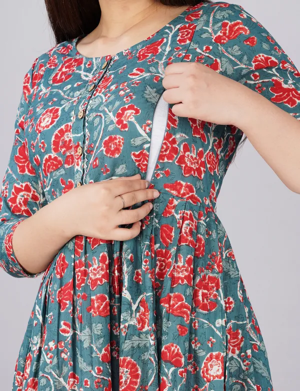 Multicolor_Maternity_and_Feeding_Gown_for_women_|_Pure_Cotton_Sanganeri_Print_Gown