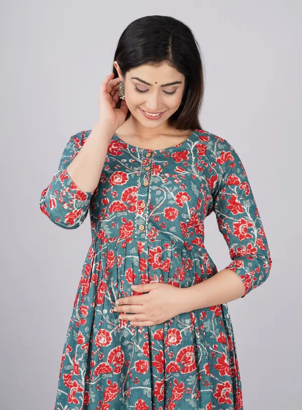Multicolor_Maternity_and_Feeding_Gown_for_women_|_Pure_Cotton_Sanganeri_Print_Gown