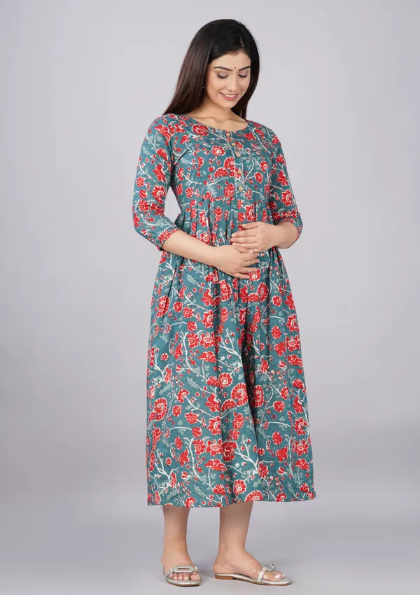 Multicolor_Maternity_and_Feeding_Gown_for_women_|_Pure_Cotton_Sanganeri_Print_Gown