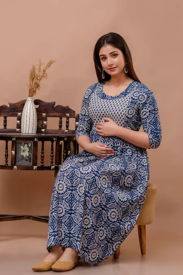 Navy_Blue_Maternity_and_Feeding_Gown_for_women_|_Rayon_Sanganeri_Print_Gown