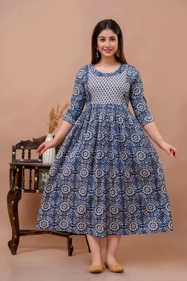 Navy_Blue_Maternity_and_Feeding_Gown_for_women_|_Rayon_Sanganeri_Print_Gown