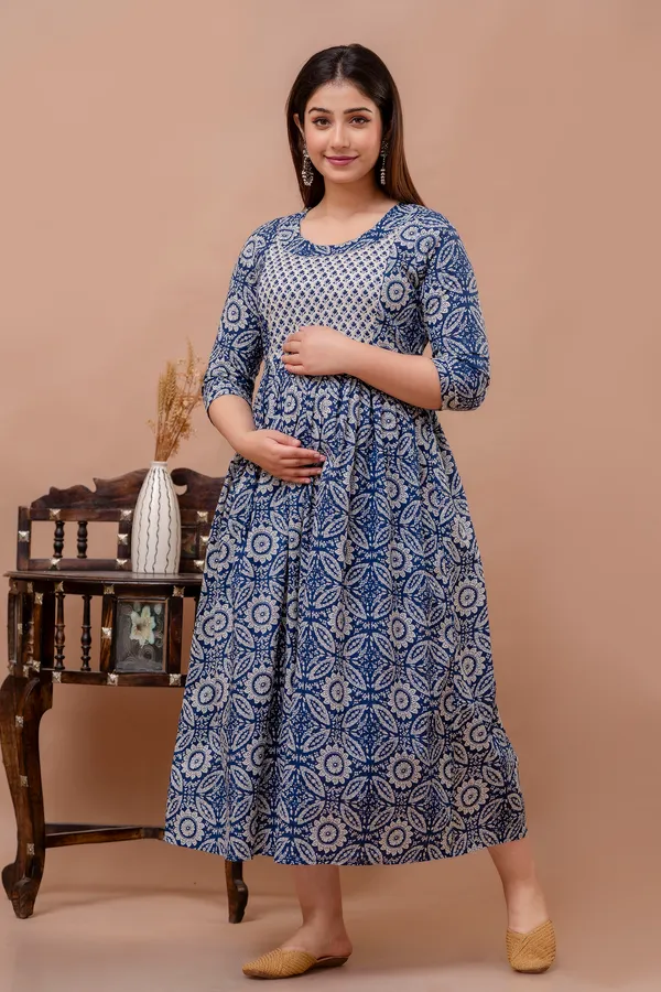 Navy_Blue_Maternity_and_Feeding_Gown_for_women_|_Rayon_Sanganeri_Print_Gown