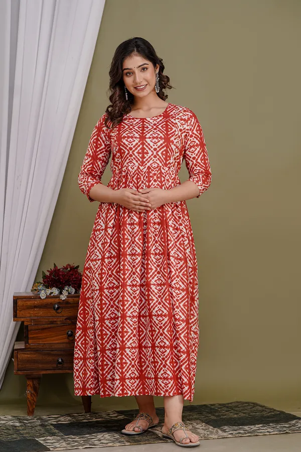 Red_Maternity_and_Feeding_Gown_for_women_|_Pure_Cotton_Sanganeri_Print_Gown