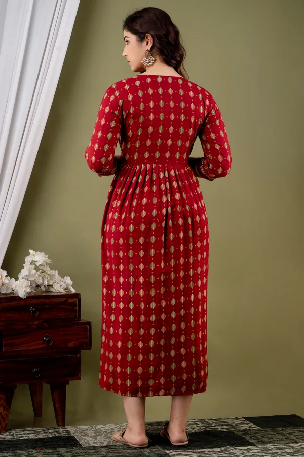 Maroon_Maternity_and_Feeding_Gown_for_women_|_Rayon_Sanganeri_Print_Gown