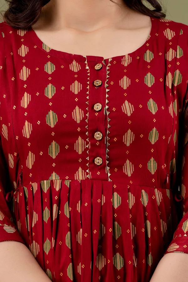 Maroon_Maternity_and_Feeding_Gown_for_women_|_Rayon_Sanganeri_Print_Gown