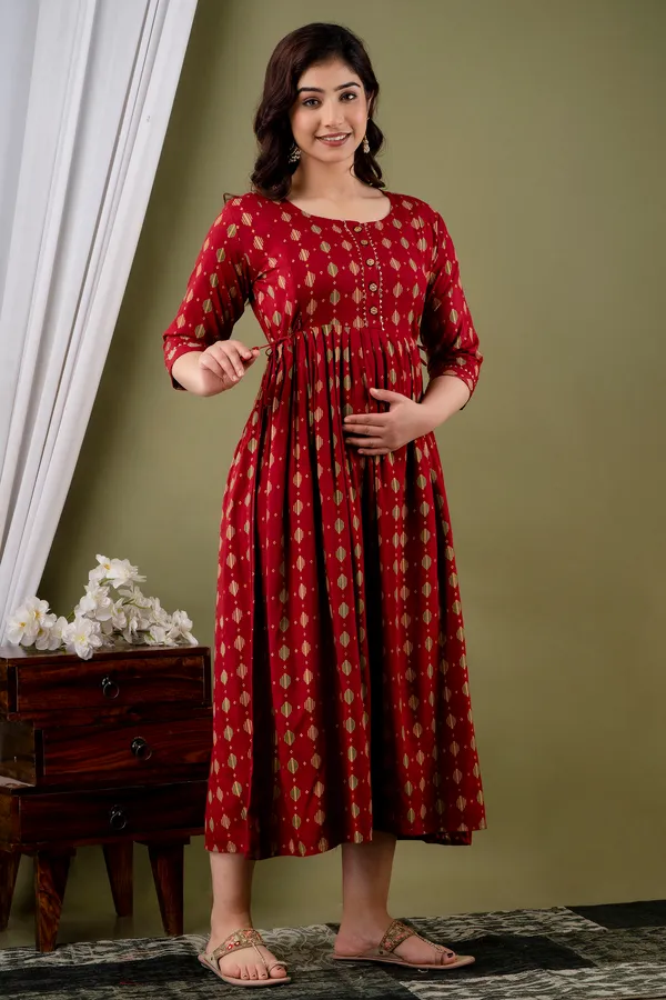 Maroon_Maternity_and_Feeding_Gown_for_women_|_Rayon_Sanganeri_Print_Gown