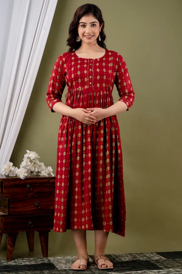 Maroon_Maternity_and_Feeding_Gown_for_women_|_Rayon_Sanganeri_Print_Gown