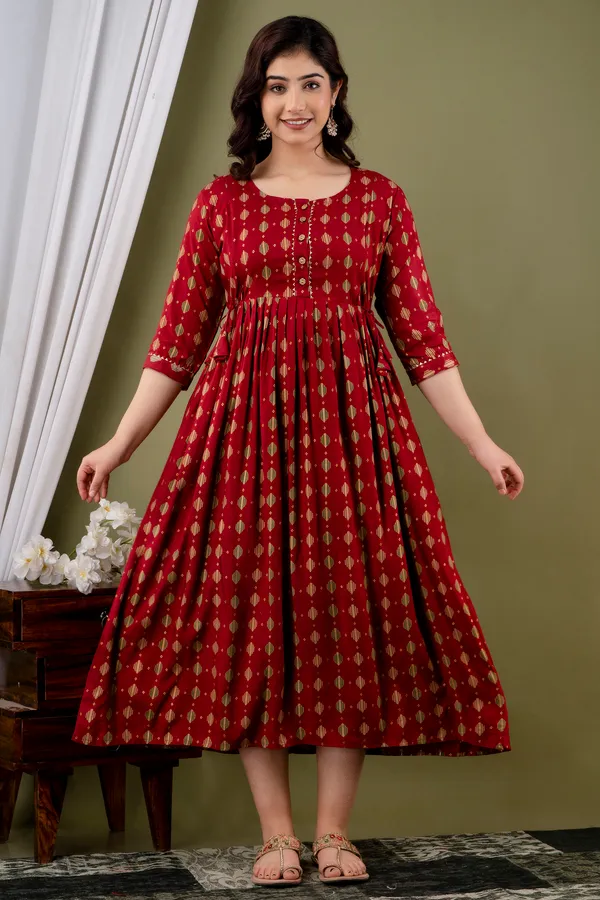 Maroon_Maternity_and_Feeding_Gown_for_women_|_Rayon_Sanganeri_Print_Gown