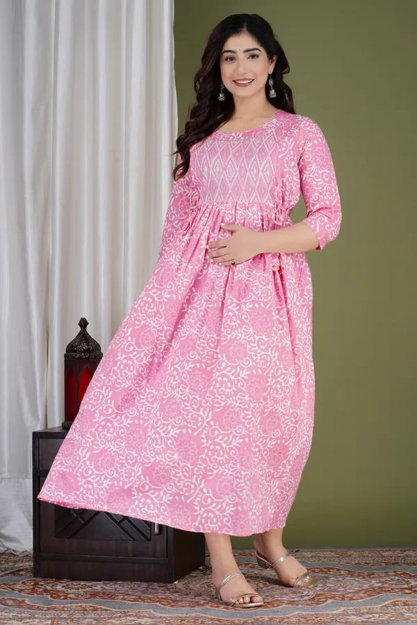 PINK_Maternity_and_Feeding_Gown_for_women_|_Pure_Cotton_Sanganeri_Print_Gown