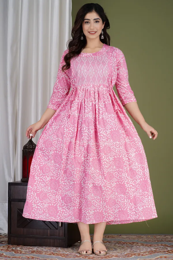 PINK_Maternity_and_Feeding_Gown_for_women_|_Pure_Cotton_Sanganeri_Print_Gown