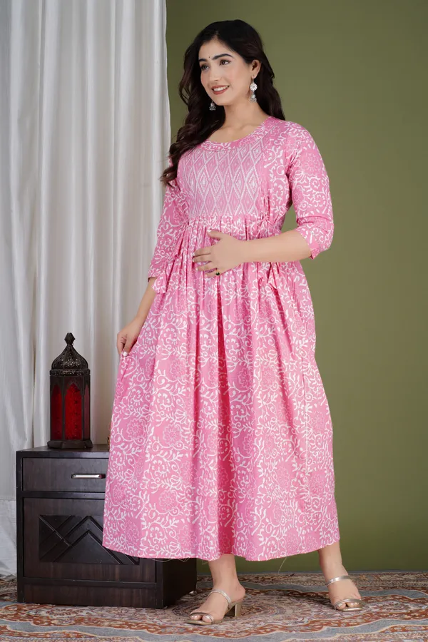 PINK_Maternity_and_Feeding_Gown_for_women_|_Pure_Cotton_Sanganeri_Print_Gown