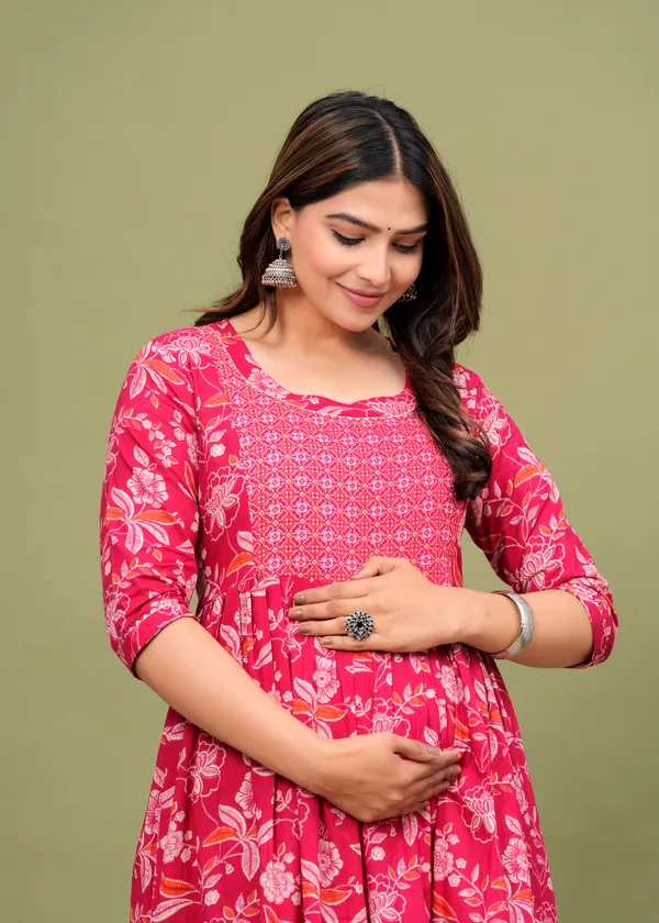 Pink_Maternity_and_Feeding_Gown_for_women_|_Pure_Cotton_Sanganeri_Print_Gown