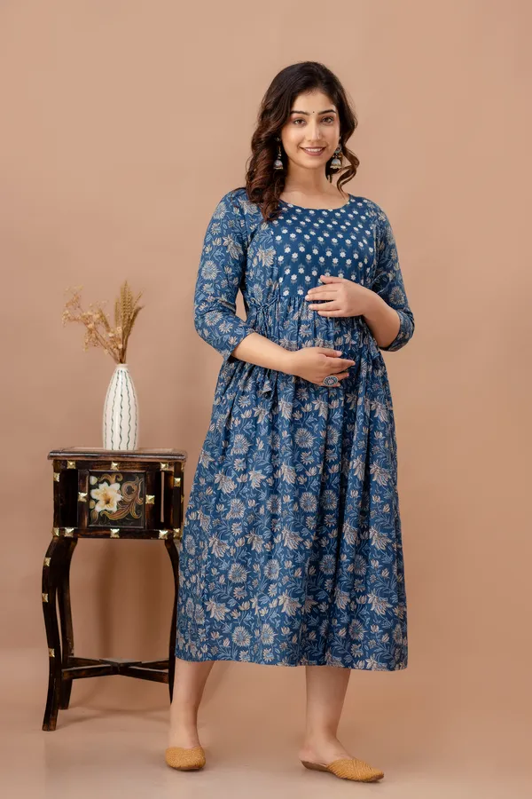 Pink_Maternity_and_Feeding_Gown_for_women_|_Pure_Cotton_Sanganeri_Print_Gown