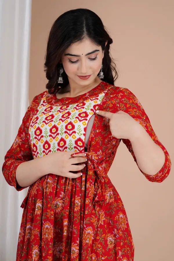 Red_Maternity_and_Feeding_Gown_for_women_|_Pure_Cotton_Sanganeri_Print_Gown