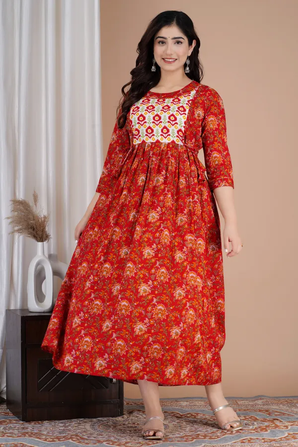 Red_Maternity_and_Feeding_Gown_for_women_|_Pure_Cotton_Sanganeri_Print_Gown