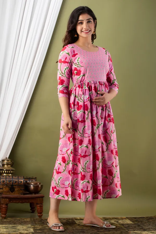 Pink_Maternity_and_Feeding_Gown_for_women_|_Pure_Cotton_Sanganeri_Print_Gown