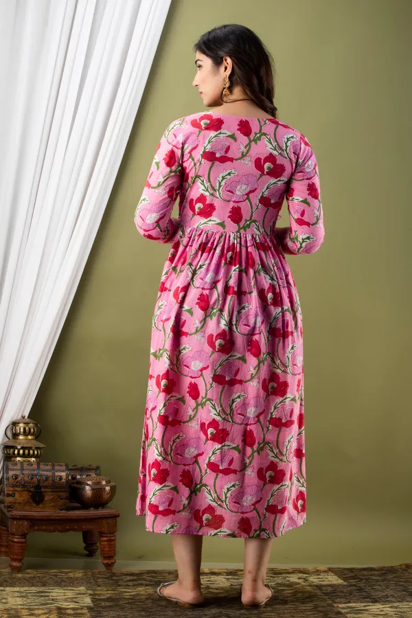 Pink_Maternity_and_Feeding_Gown_for_women_|_Pure_Cotton_Sanganeri_Print_Gown