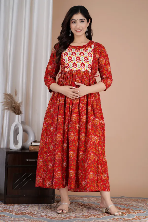 Red_Maternity_and_Feeding_Gown_for_women_|_Pure_Cotton_Sanganeri_Print_Gown