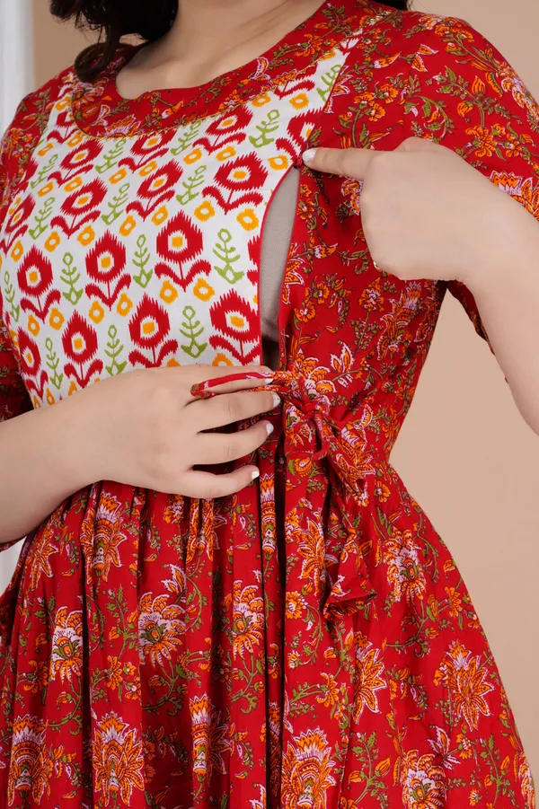 Red_Maternity_and_Feeding_Gown_for_women_|_Pure_Cotton_Sanganeri_Print_Gown