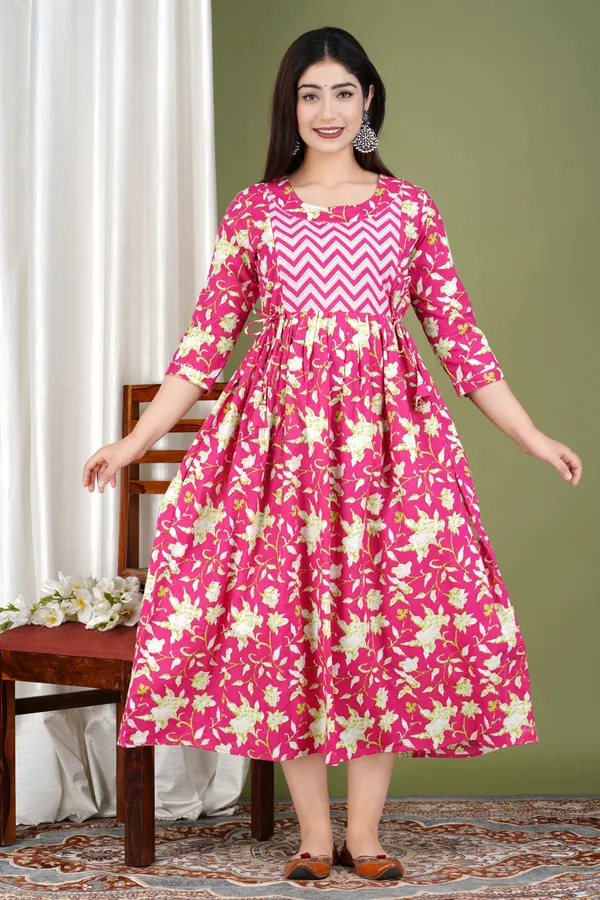 Pink_Maternity_and_Feeding_Gown_for_women_|_Pure_Cotton_Sanganeri_Print_Gown