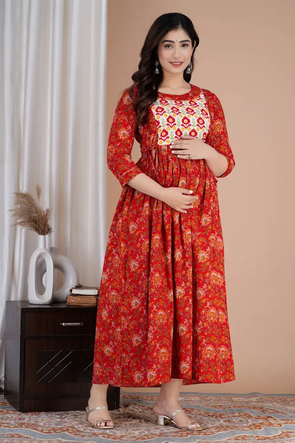 Red_Maternity_and_Feeding_Gown_for_women_|_Pure_Cotton_Sanganeri_Print_Gown