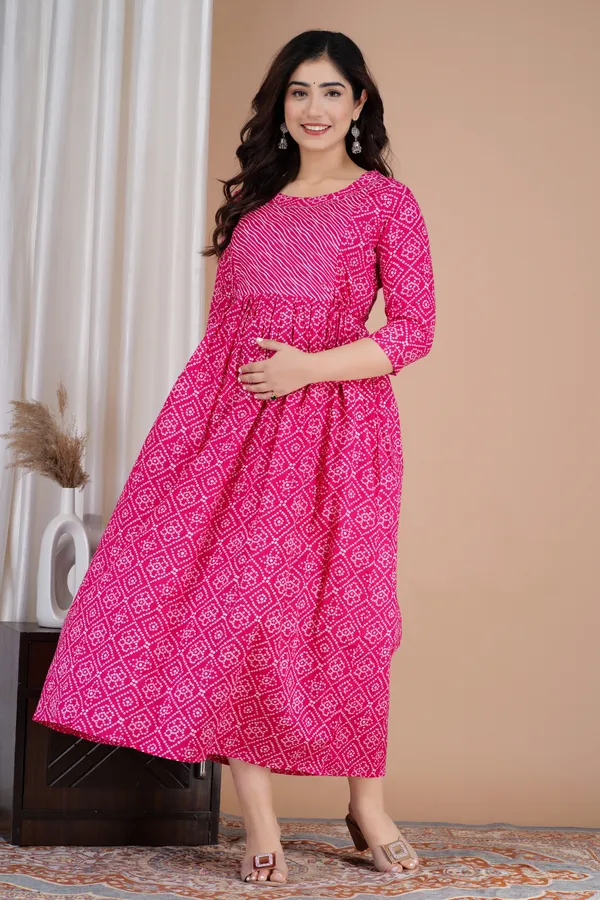 Pink_Maternity_and_Feeding_Gown_for_women_|_Pure_Cotton_Sanganeri_Print_Gown