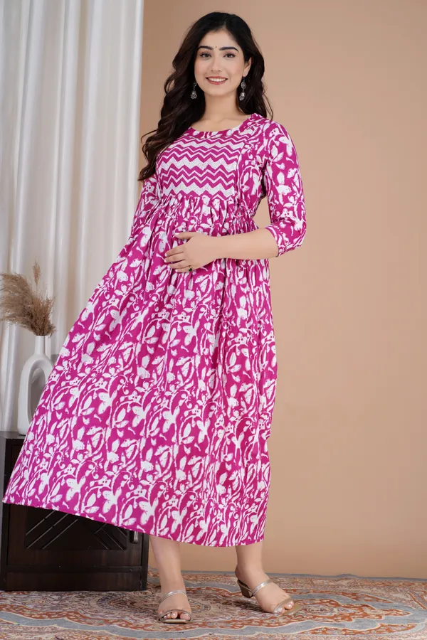 Pink_Maternity_and_Feeding_Gown_for_women_|_Pure_Cotton_Sanganeri_Print_Gown