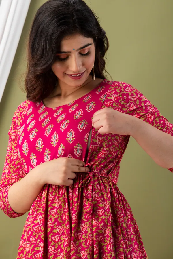 Pink_Maternity_and_Feeding_Gown_for_women_|_Pure_Cotton_Sanganeri_Print_Gown