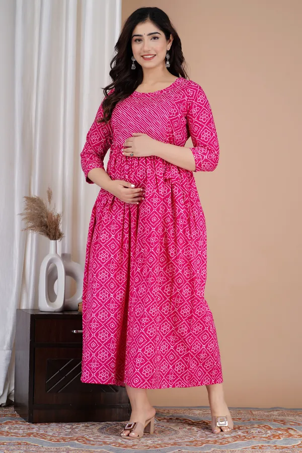 Pink_Maternity_and_Feeding_Gown_for_women_|_Pure_Cotton_Sanganeri_Print_Gown