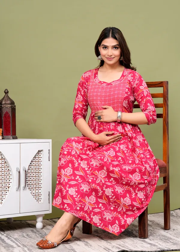 Pink_Maternity_and_Feeding_Gown_for_women_|_Pure_Cotton_Sanganeri_Print_Gown