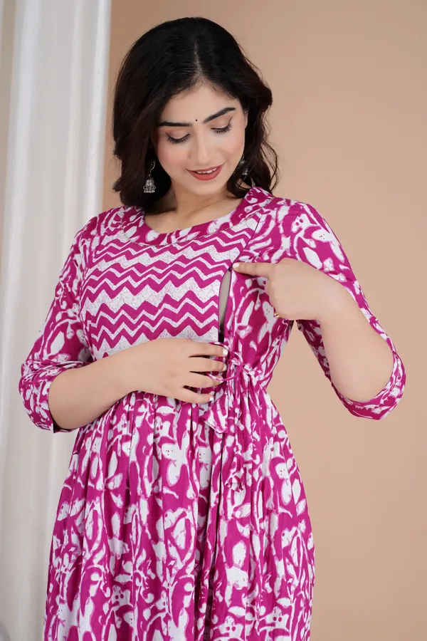 Pink_Maternity_and_Feeding_Gown_for_women_|_Pure_Cotton_Sanganeri_Print_Gown