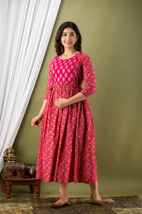 Pink_Maternity_and_Feeding_Gown_for_women_|_Pure_Cotton_Sanganeri_Print_Gown