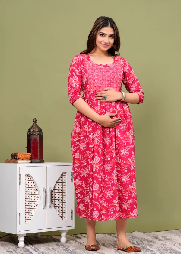 Pink_Maternity_and_Feeding_Gown_for_women_|_Pure_Cotton_Sanganeri_Print_Gown