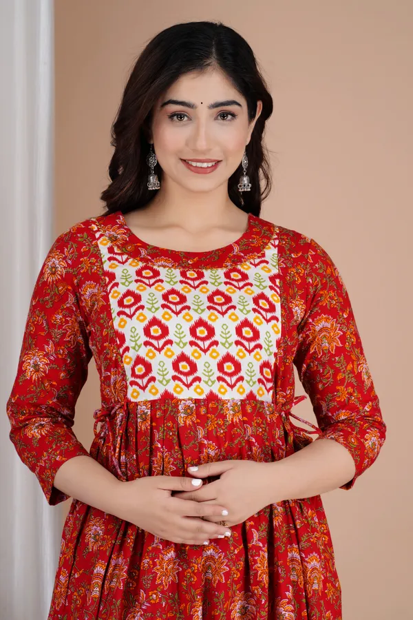 Red_Maternity_and_Feeding_Gown_for_women_|_Pure_Cotton_Sanganeri_Print_Gown