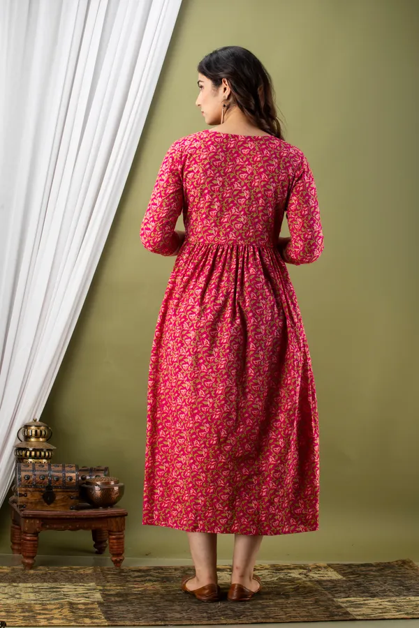 Pink_Maternity_and_Feeding_Gown_for_women_|_Pure_Cotton_Sanganeri_Print_Gown
