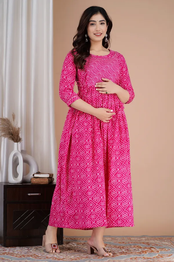Pink_Maternity_and_Feeding_Gown_for_women_|_Pure_Cotton_Sanganeri_Print_Gown