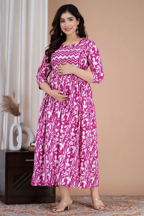 Pink_Maternity_and_Feeding_Gown_for_women_|_Pure_Cotton_Sanganeri_Print_Gown