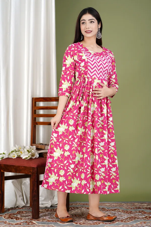 Pink_Maternity_and_Feeding_Gown_for_women_|_Pure_Cotton_Sanganeri_Print_Gown
