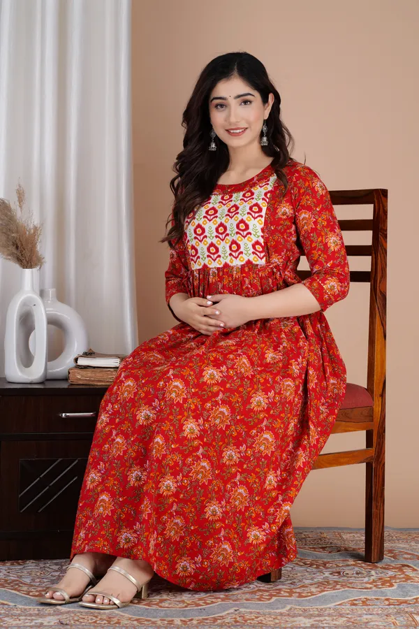 Red_Maternity_and_Feeding_Gown_for_women_|_Pure_Cotton_Sanganeri_Print_Gown