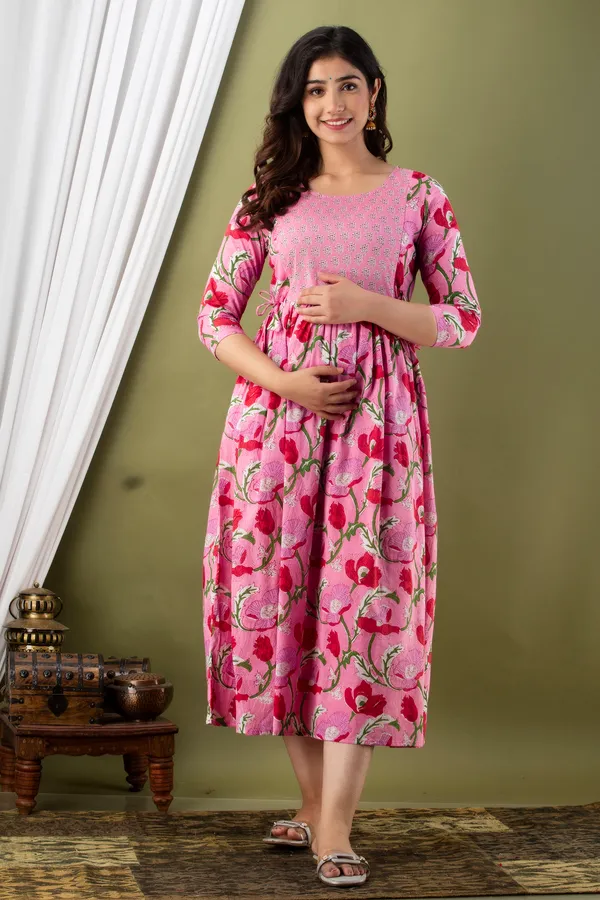 Pink_Maternity_and_Feeding_Gown_for_women_|_Pure_Cotton_Sanganeri_Print_Gown