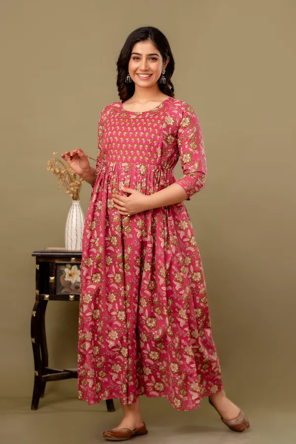 Pink_Maternity_and_Feeding_Gown_for_women_|_Pure_Cotton_Sanganeri_Print_Gown