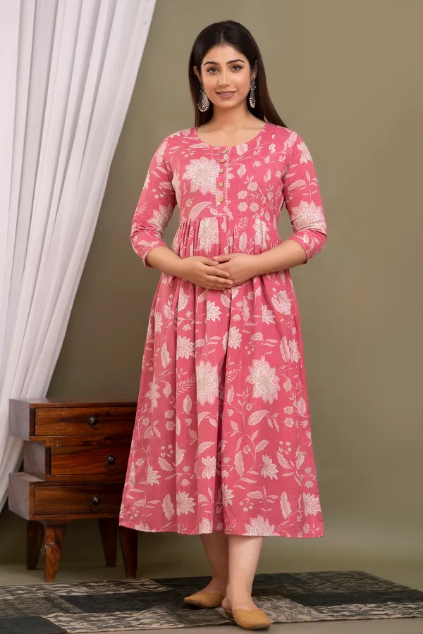 Pink_Maternity_and_Feeding_Gown_for_women_|_Pure_Cotton_Sanganeri_Print_Gown