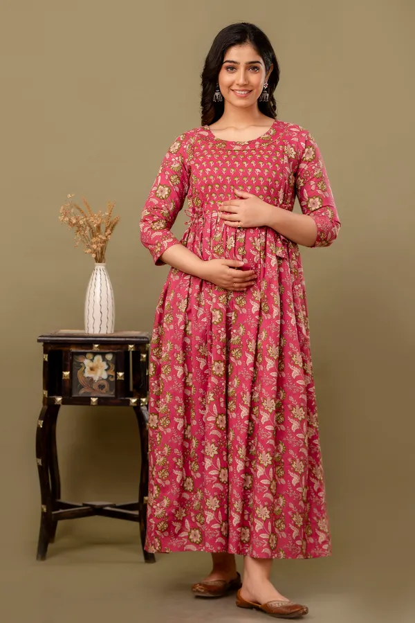 Pink_Maternity_and_Feeding_Gown_for_women_|_Pure_Cotton_Sanganeri_Print_Gown