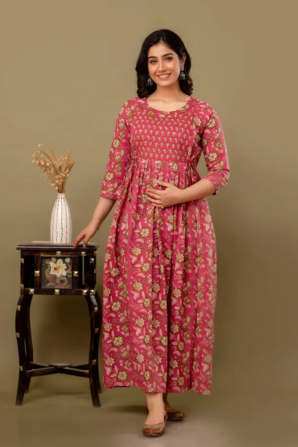 Pink_Maternity_and_Feeding_Gown_for_women_|_Pure_Cotton_Sanganeri_Print_Gown