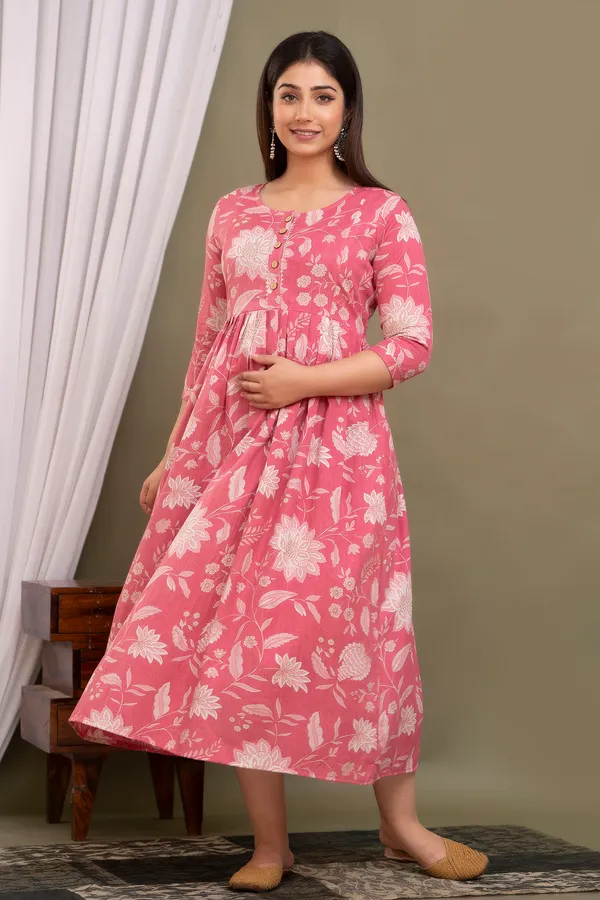 Pink_Maternity_and_Feeding_Gown_for_women_|_Pure_Cotton_Sanganeri_Print_Gown
