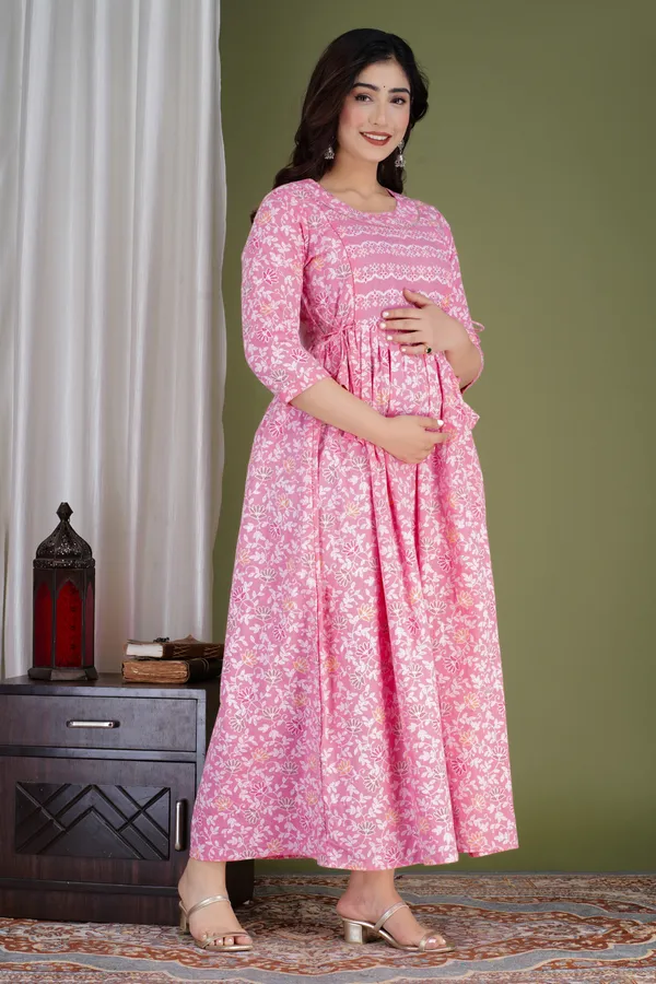 Pink_Maternity_and_Feeding_Gown_for_women_|_Pure_Cotton_Sanganeri_Print_Gown
