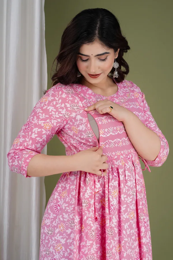 Pink_Maternity_and_Feeding_Gown_for_women_|_Pure_Cotton_Sanganeri_Print_Gown
