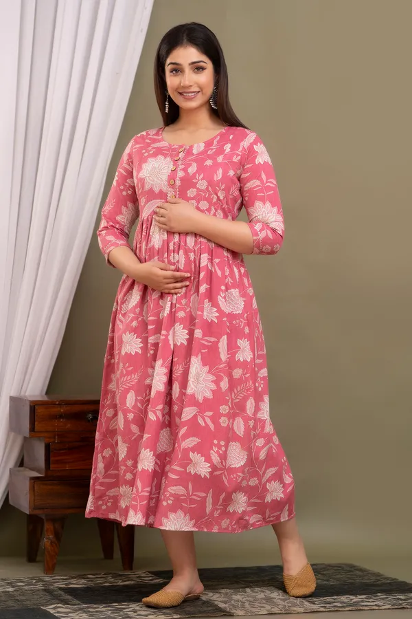 Pink_Maternity_and_Feeding_Gown_for_women_|_Pure_Cotton_Sanganeri_Print_Gown